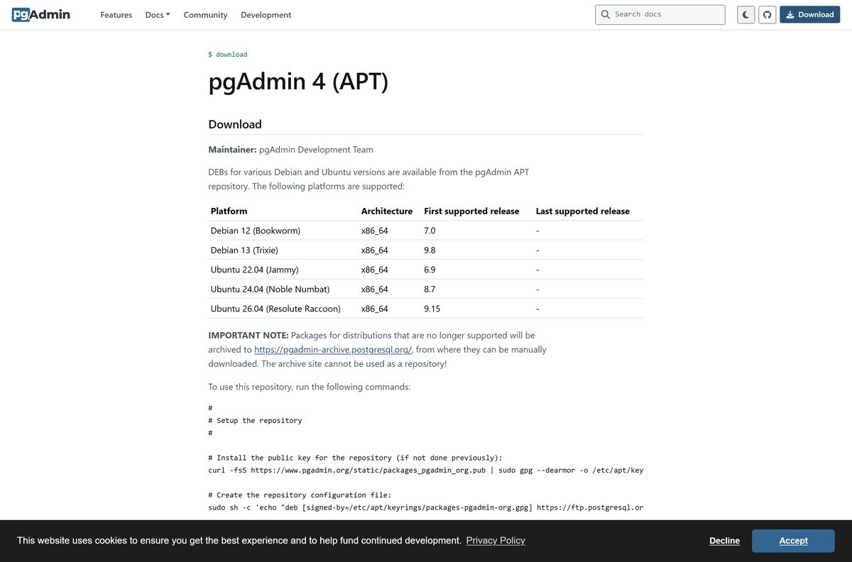 pgAdmin 4 APT page with repository setup commands