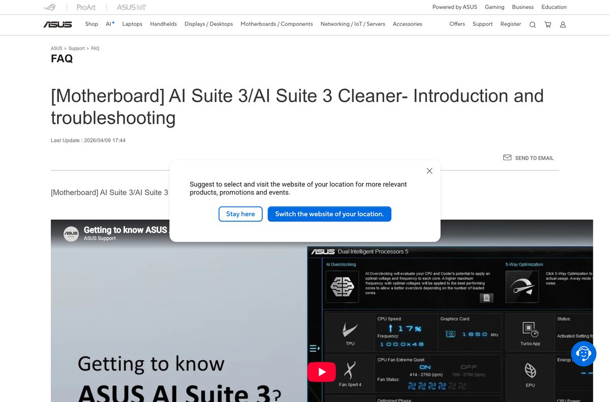 ASUS FAQ covering AI Suite 3 install and removal