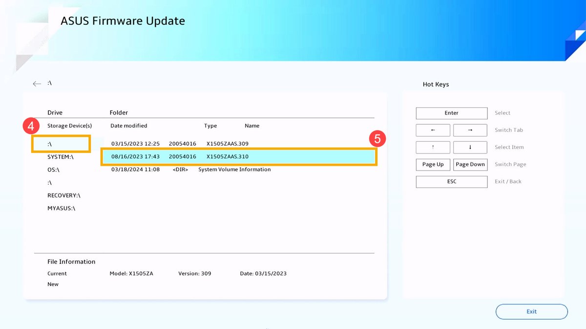ASUS Firmware Update file browser listing two BIOS versions on USB