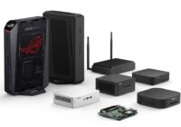 ASUS NUC lineup: tower, boxes, antenna unit, and bare board
