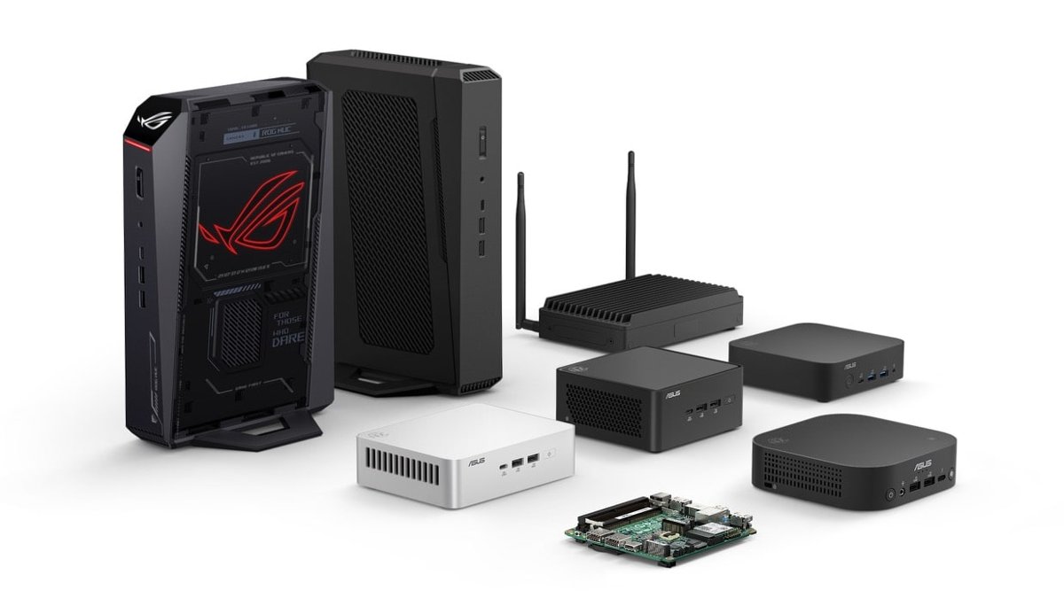 ASUS NUC lineup: tower, boxes, antenna unit, and bare board
