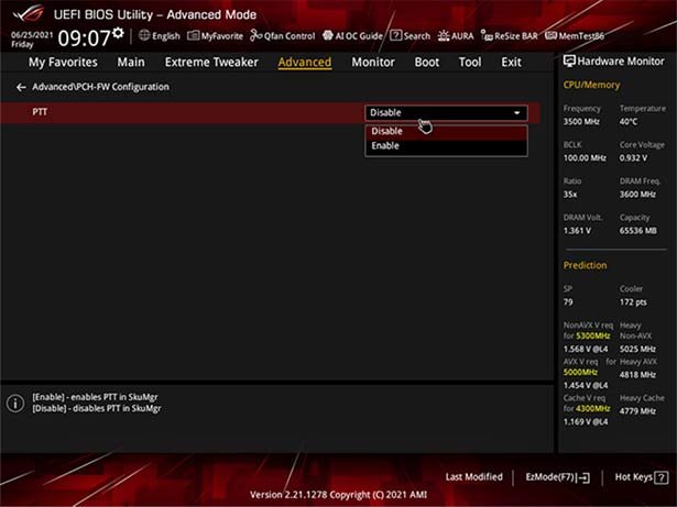 ASUS UEFI Advanced menu with PTT dropdown set to Enable