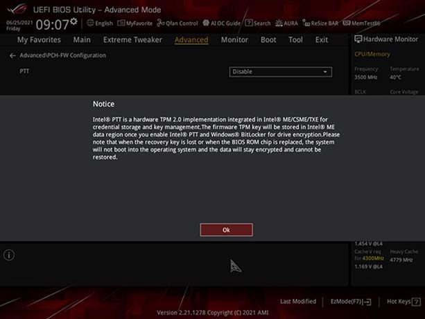 ASUS UEFI notice explaining Intel PTT stores BitLocker keys in firmware