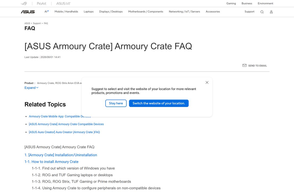 ASUS FAQ page explaining how to install and uninstall Armoury Crate