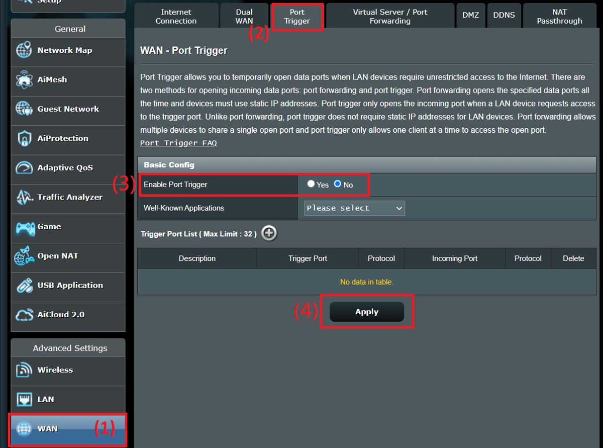 ASUS router Port Trigger page with Enable Port Trigger set to No