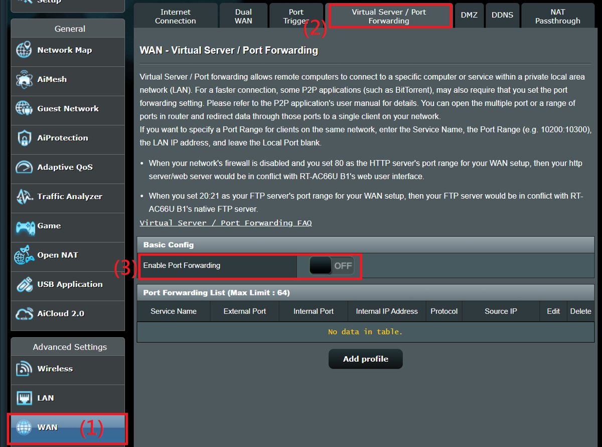 ASUS router Virtual Server and Port Forwarding page with forwarding off