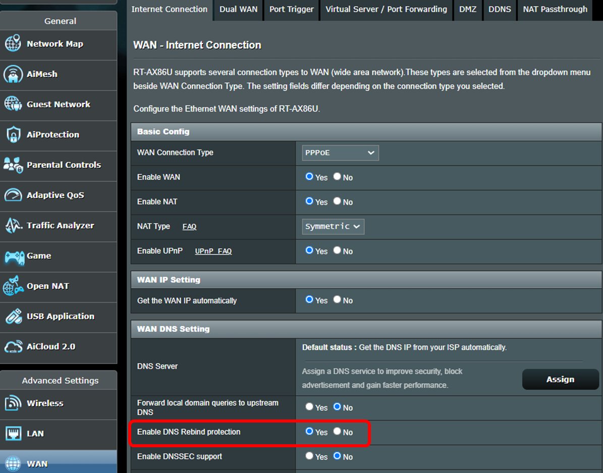 ASUS router WAN DNS settings with DNS Rebind protection enabled
