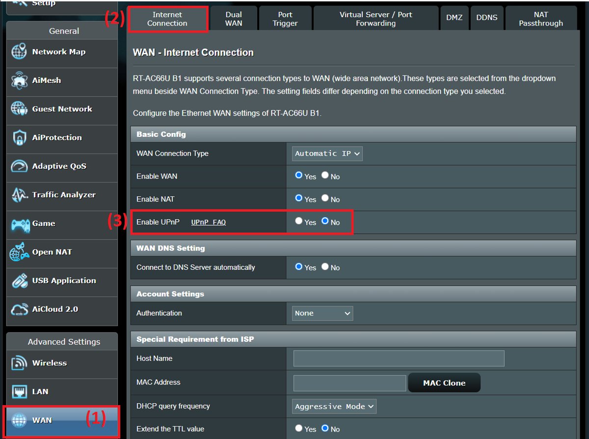 ASUS router WAN Internet Connection page with Enable UPnP set to No