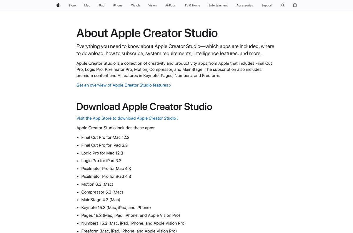 Apple support page listing the subscription apps and their versions