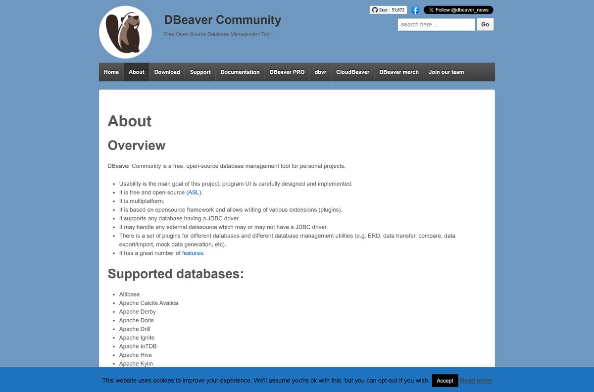 DBeaver about page describing its license and supported databases