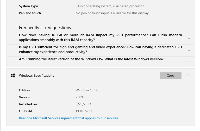 About page's Windows Specifications panel showing edition, version and build fields