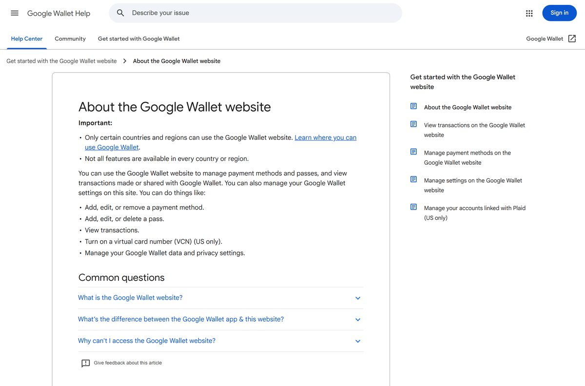 Google help page describing the Google Wallet website features