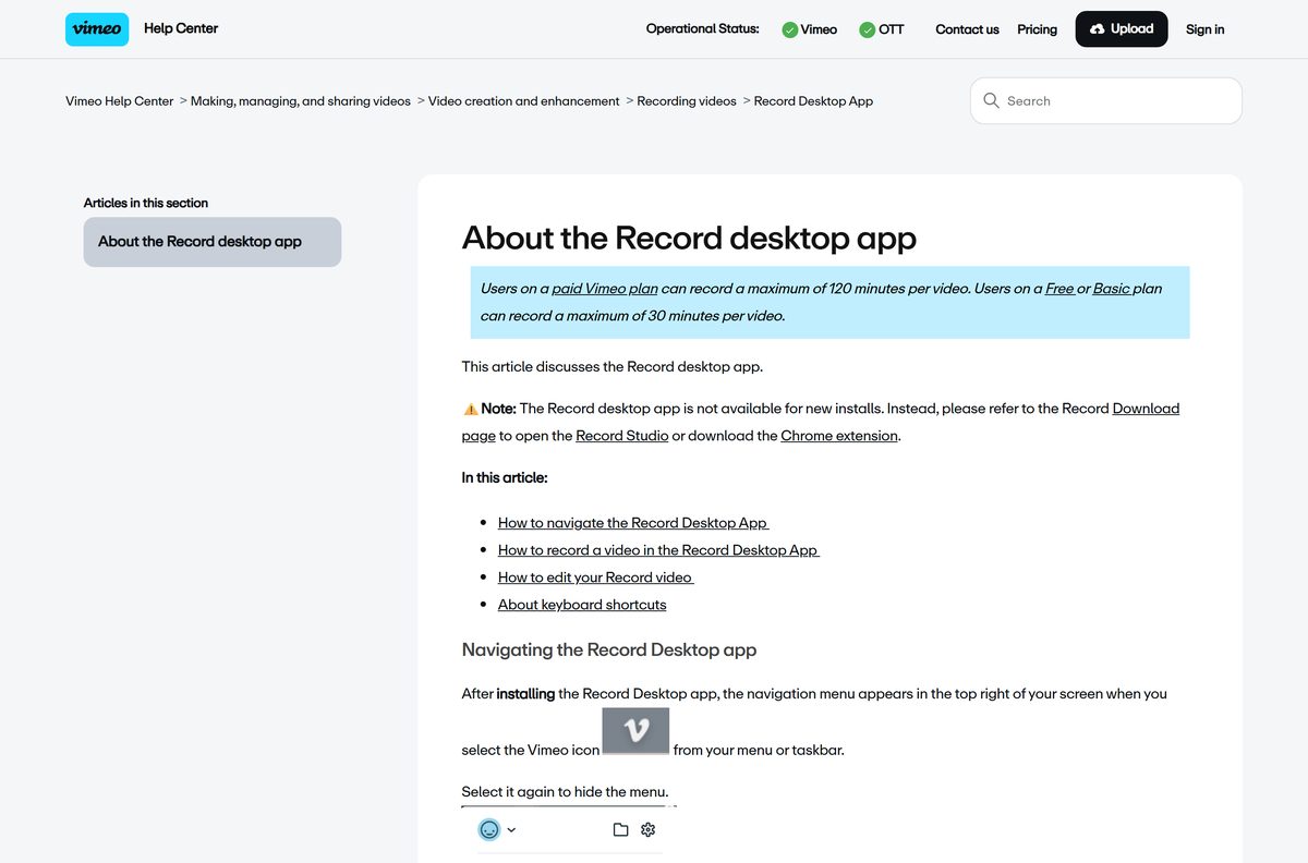 Help Center notice that the Vimeo Record desktop app is retired