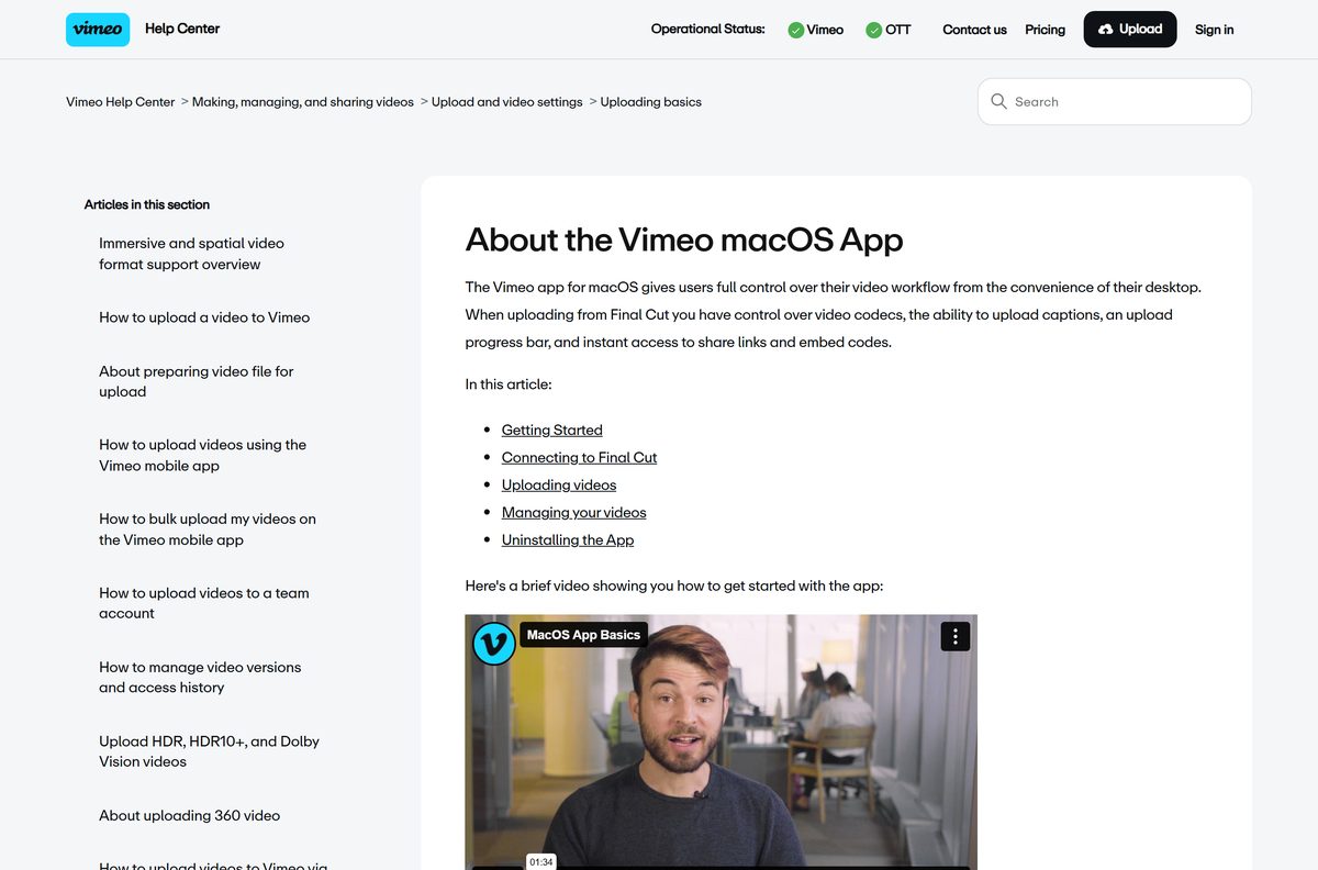 Vimeo Help Center article describing the macOS app and Final Cut Pro