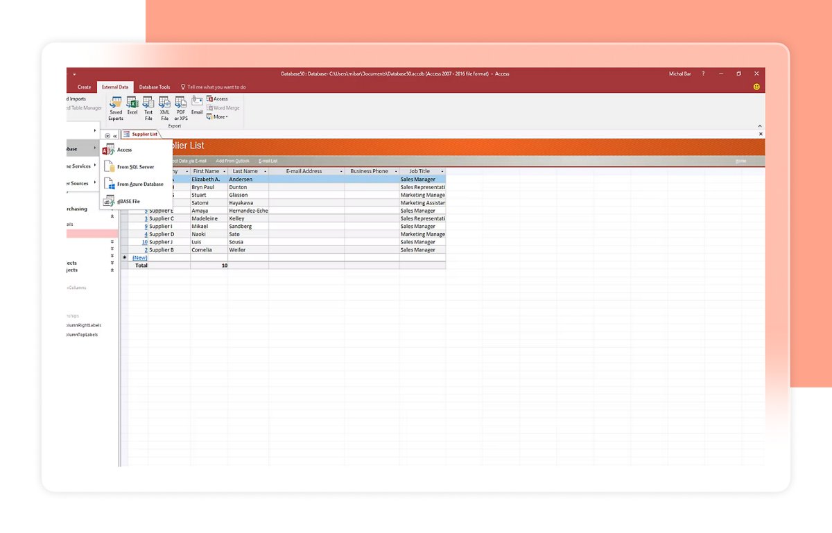 Access External Data ribbon tab showing database export options