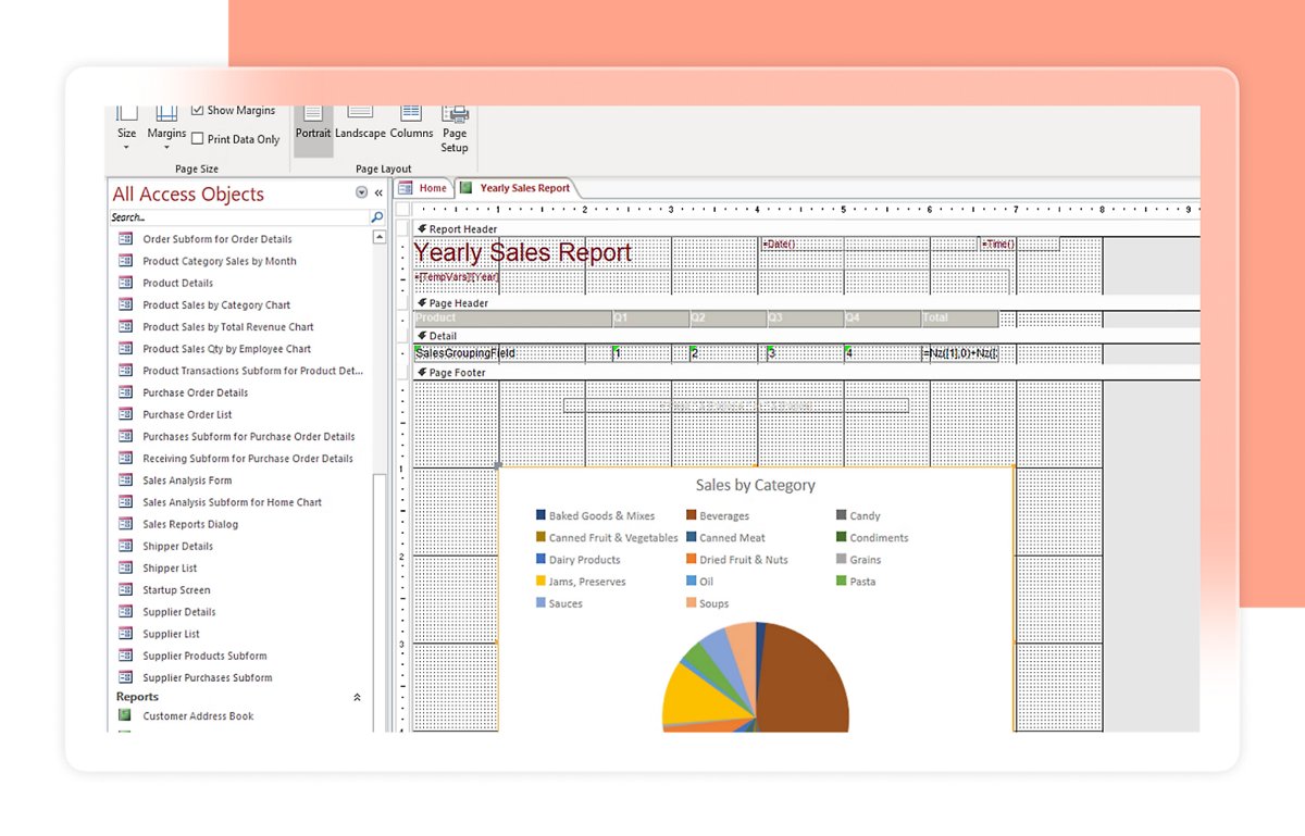 Access report design view with a Yearly Sales Report and pie chart