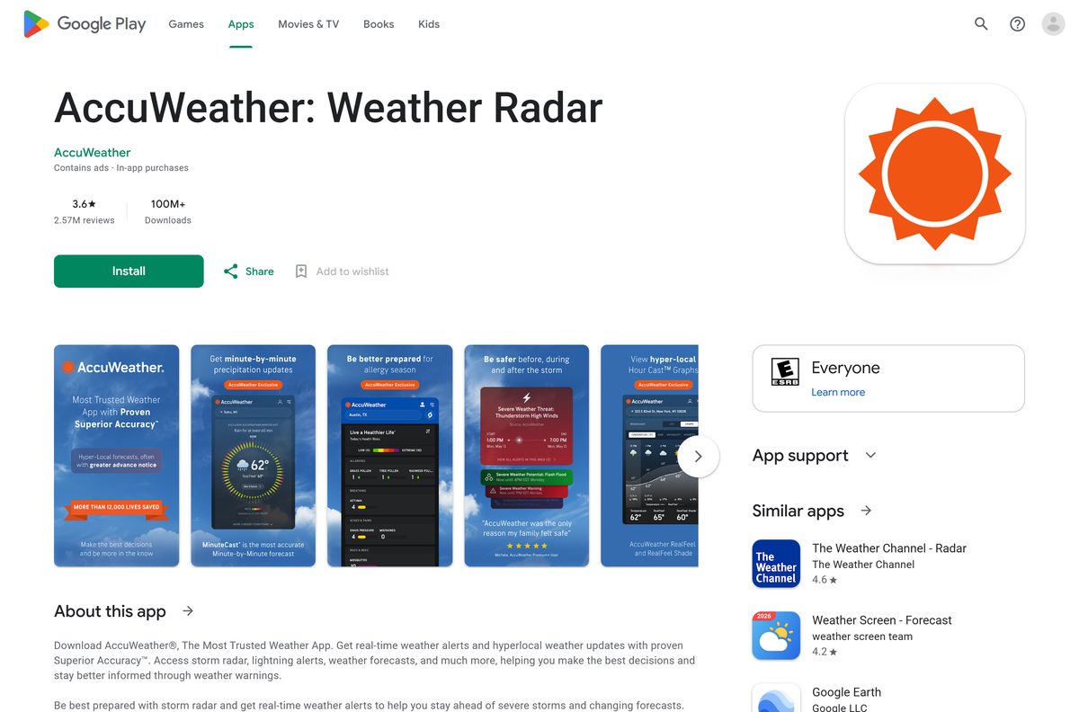 Google Play listing for AccuWeather with its downloads and ad labels