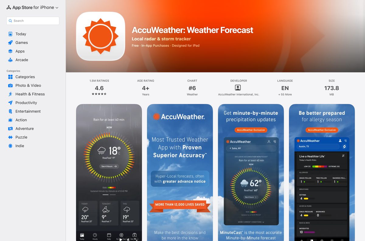 App Store listing for AccuWeather with its rating and size