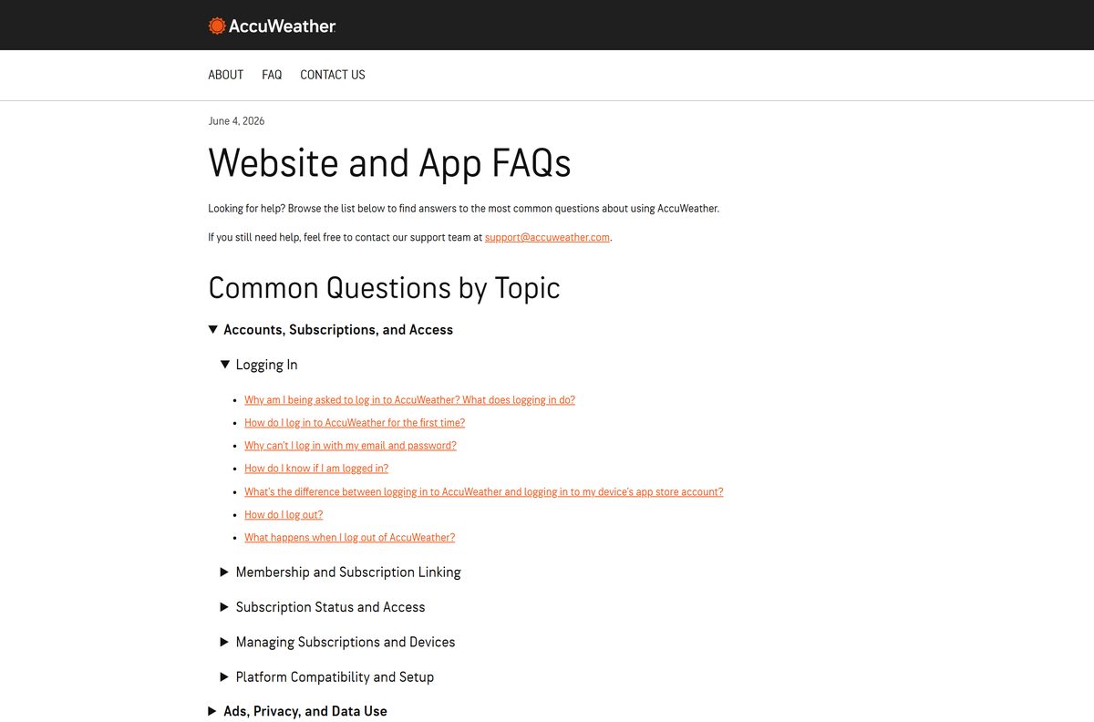 AccuWeather support FAQ covering accounts, subscriptions and logins