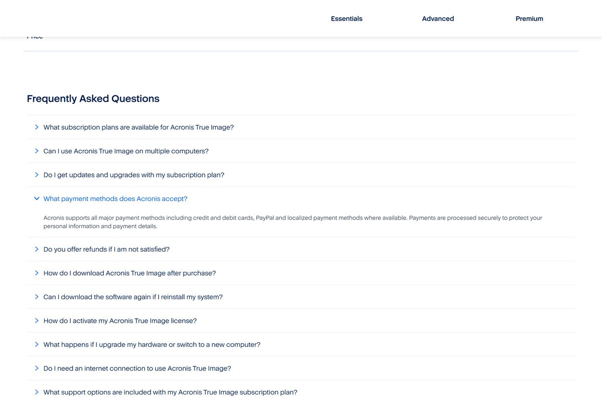 Acronis plan comparison showing Essentials, Advanced and Premium yearly prices