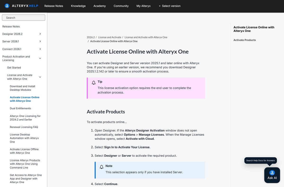 Help page on activating Alteryx Designer online with a cloud sign-in