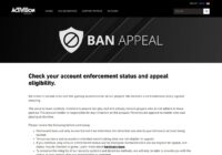 Activision Support Ban Appeal page notice with eligibility conditions