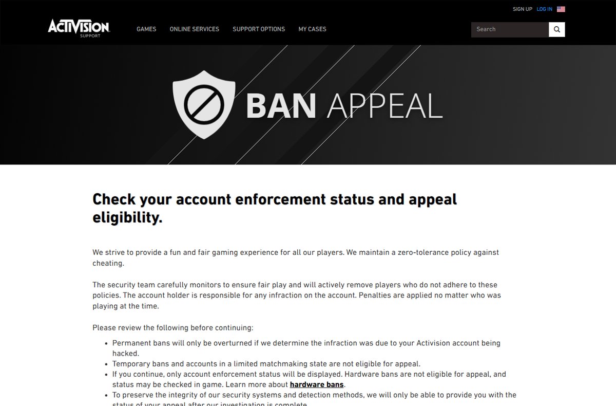 Activision Support Ban Appeal page notice with eligibility conditions