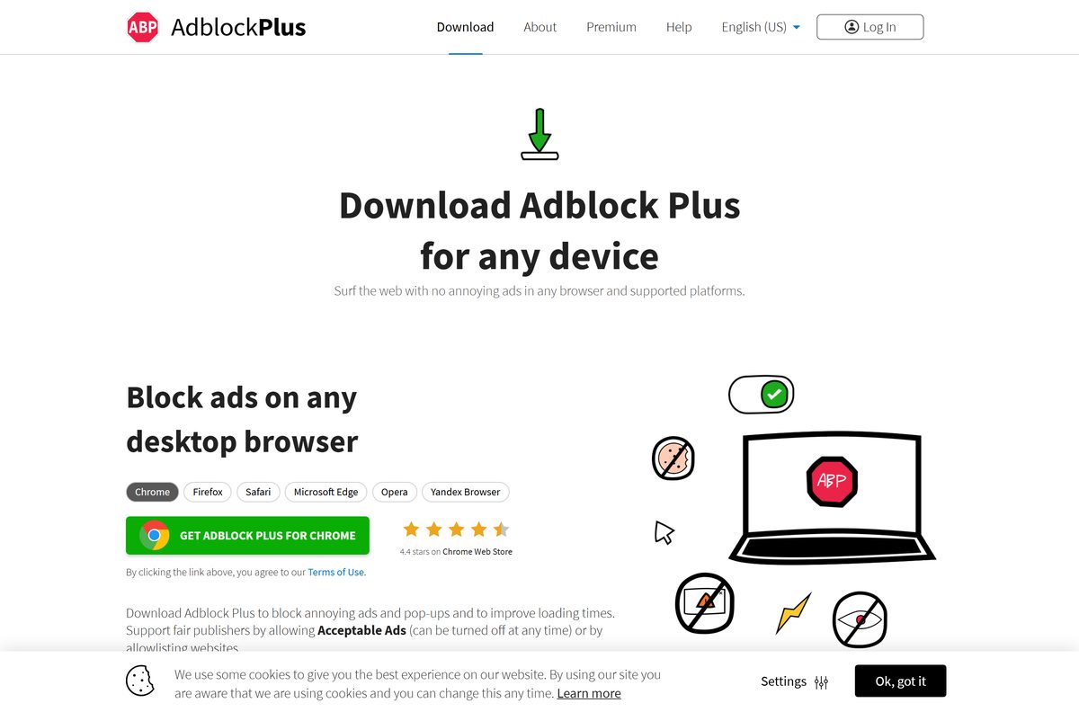 Official Adblock Plus download page with browser buttons