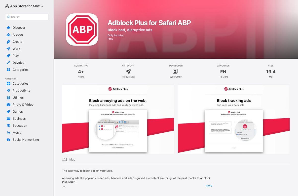 Mac App Store listing for Adblock Plus for Safari