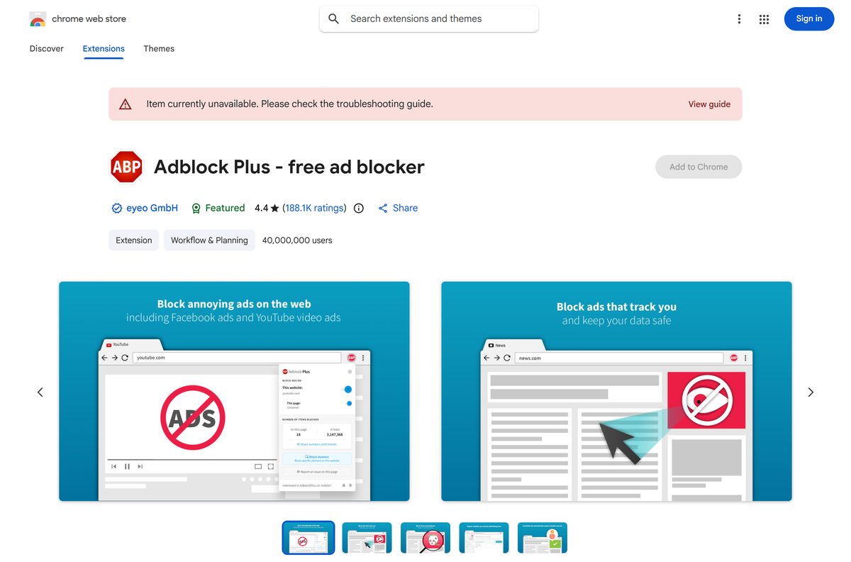 Chrome Web Store listing for Adblock Plus with its user count