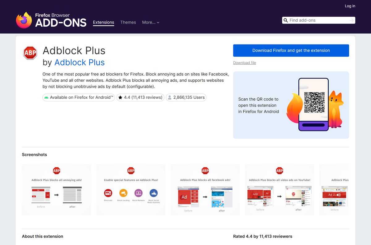 Firefox Add-ons page for Adblock Plus with rating and users