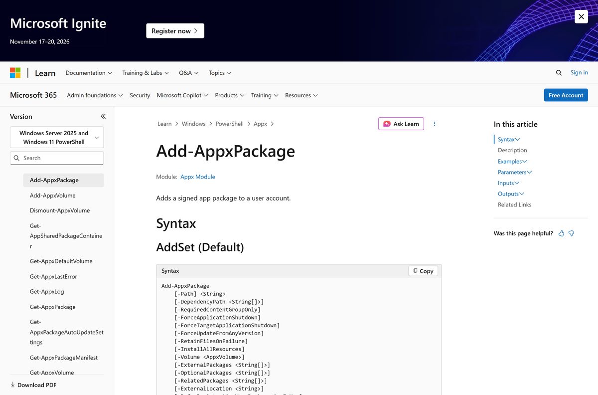 Add-AppxPackage reference showing the Register and DisableDevelopmentMode parameters