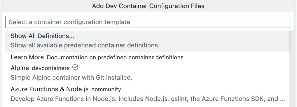 Add Dev Container Configuration Files menu with Show All Definitions option
