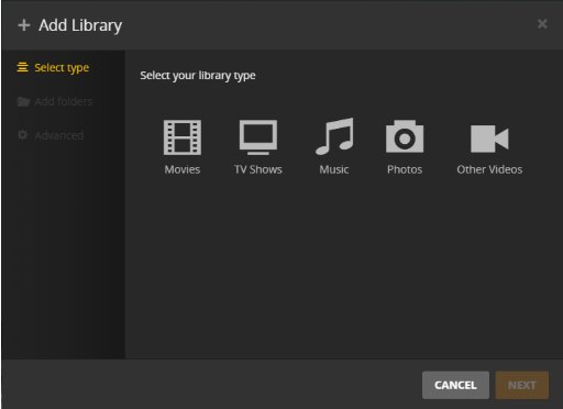 Add Library dialog with Movies, TV Shows, Music, Photos and Other Videos icons