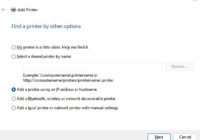 Add Printer dialog with IP address or hostname option selected