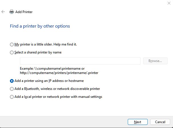 Add Printer dialog with IP address or hostname option selected