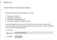 Add Printer wizard reporting the device not found with a Device Type menu