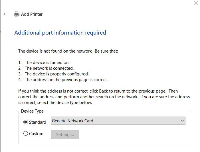 Add Printer wizard reporting the device not found with a Device Type menu