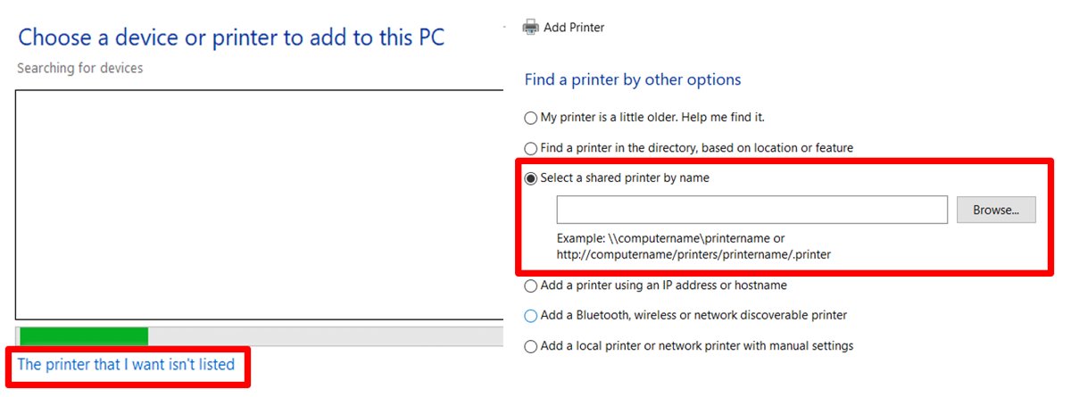 Add Printer wizard with The printer that I want isn't listed link