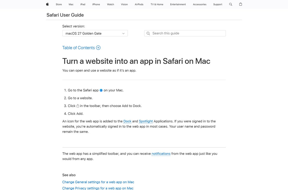 Apple guide to adding a website to the Mac Dock