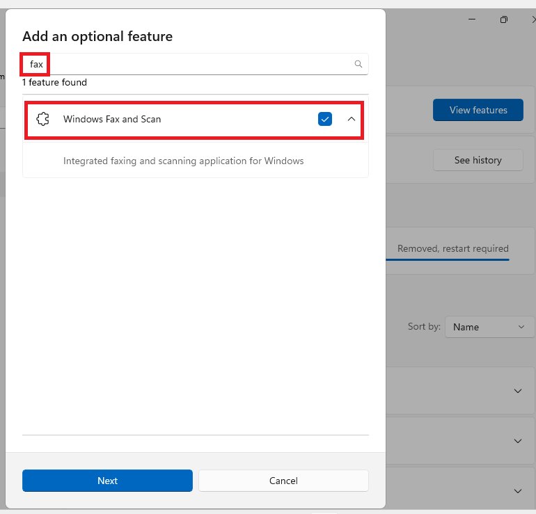 Add an optional feature dialog with Windows Fax and Scan selected