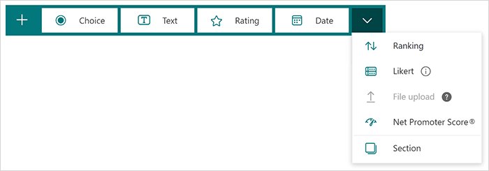 Add new question bar showing Choice, Text, Rating, Date and more types