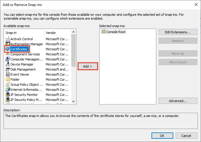 Add or Remove Snap-ins dialog with Certificates selected and Add highlighted