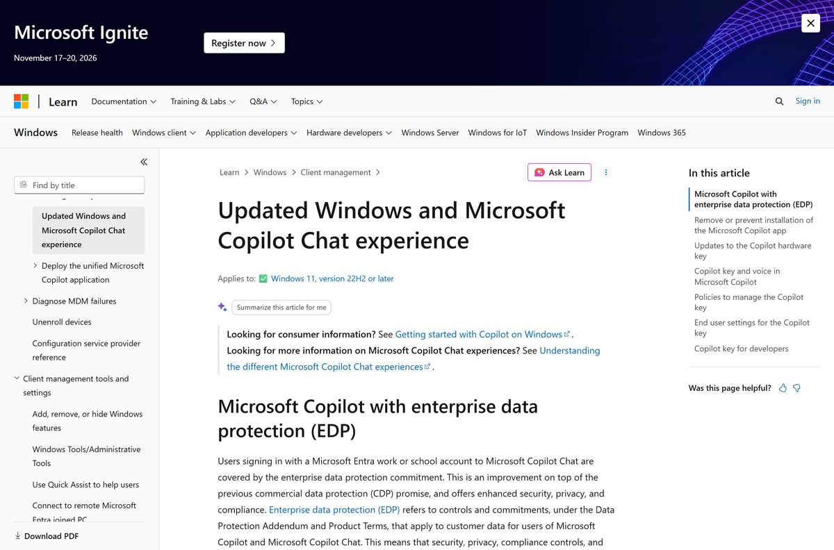 Learn documentation covering how administrators manage Microsoft Copilot on Windows
