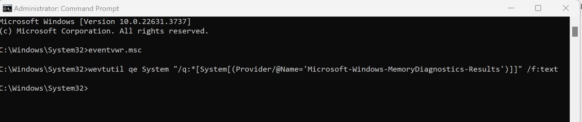 Administrator Command Prompt querying System log events from MemoryDiagnostics-Results