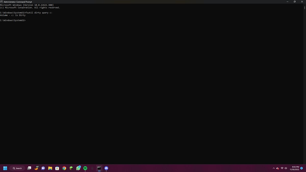 Administrator Command Prompt running fsutil dirty query on drive C