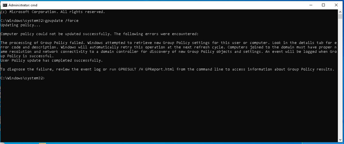 Administrator Command Prompt running gpupdate /force with policy output