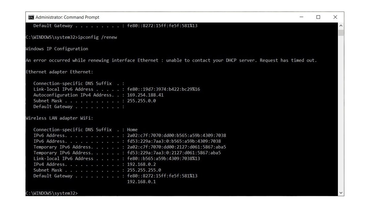 Administrator Command Prompt showing ipconfig /renew DHCP timeout error