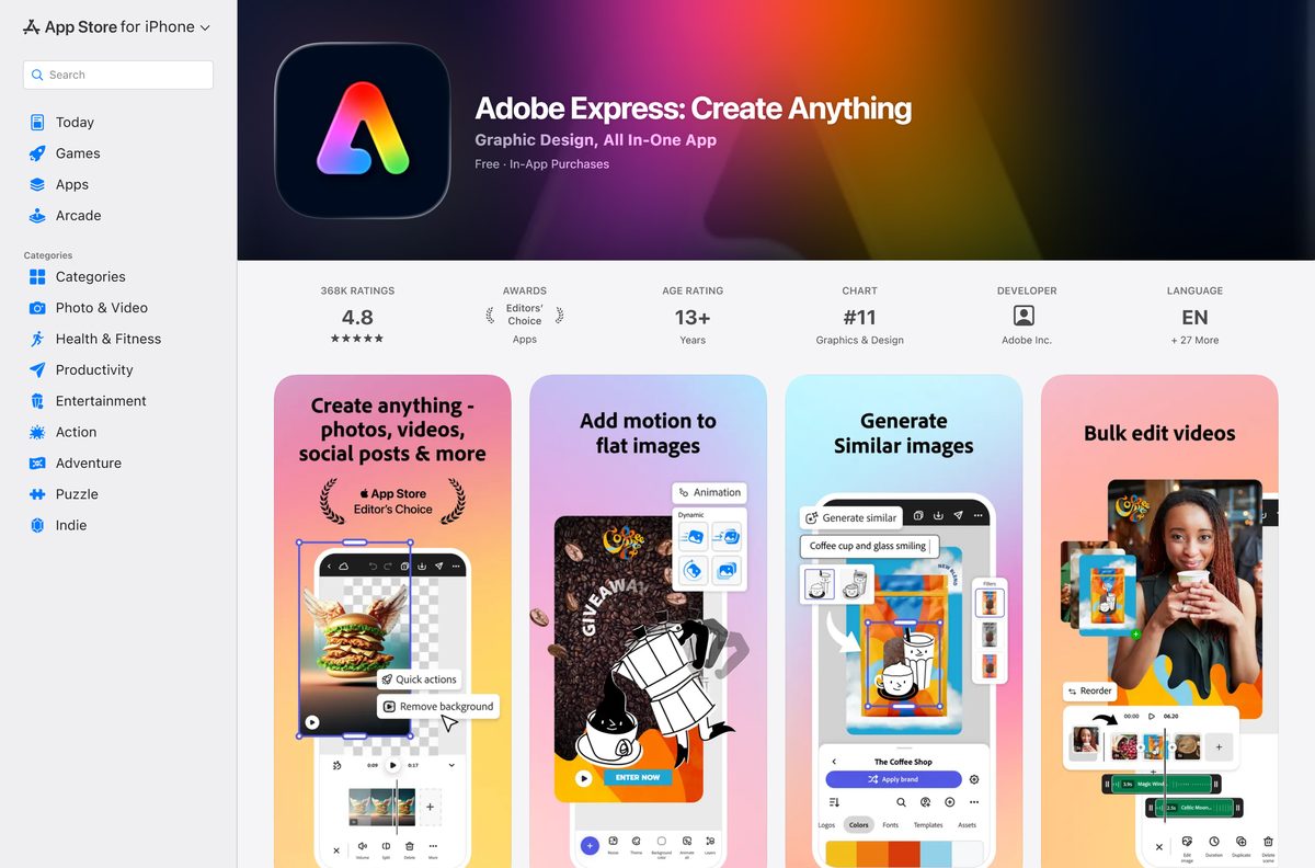 App Store listing for Adobe Express on iPhone and iPad