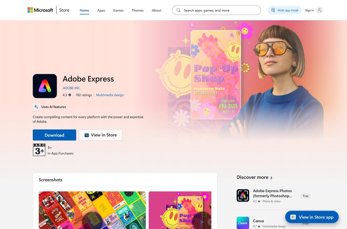 Microsoft Store listing for Adobe Express with the Get button and rating